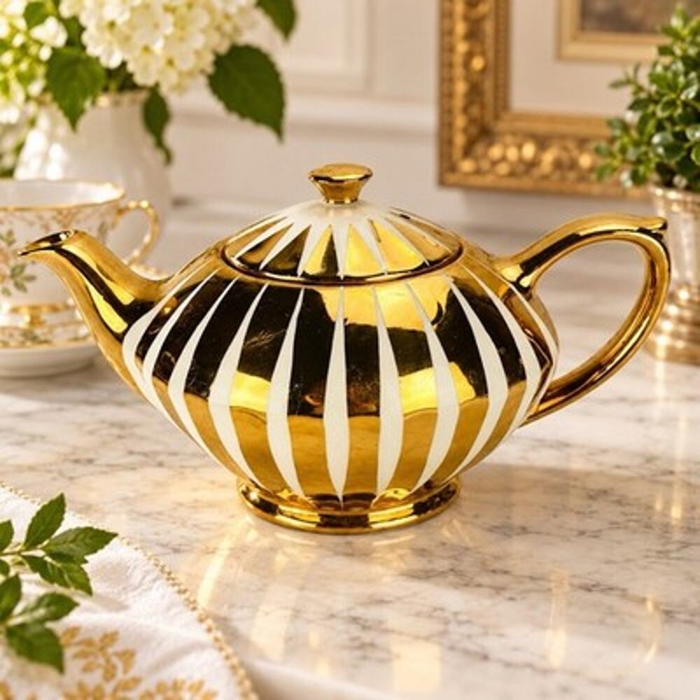 Vintage Sadler England 2463 Gold White Sunburst Teapot Mid Century MCM
